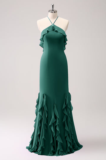 Vestido largo de dama de honor de gasa con volantes halter de sirena de Tahití